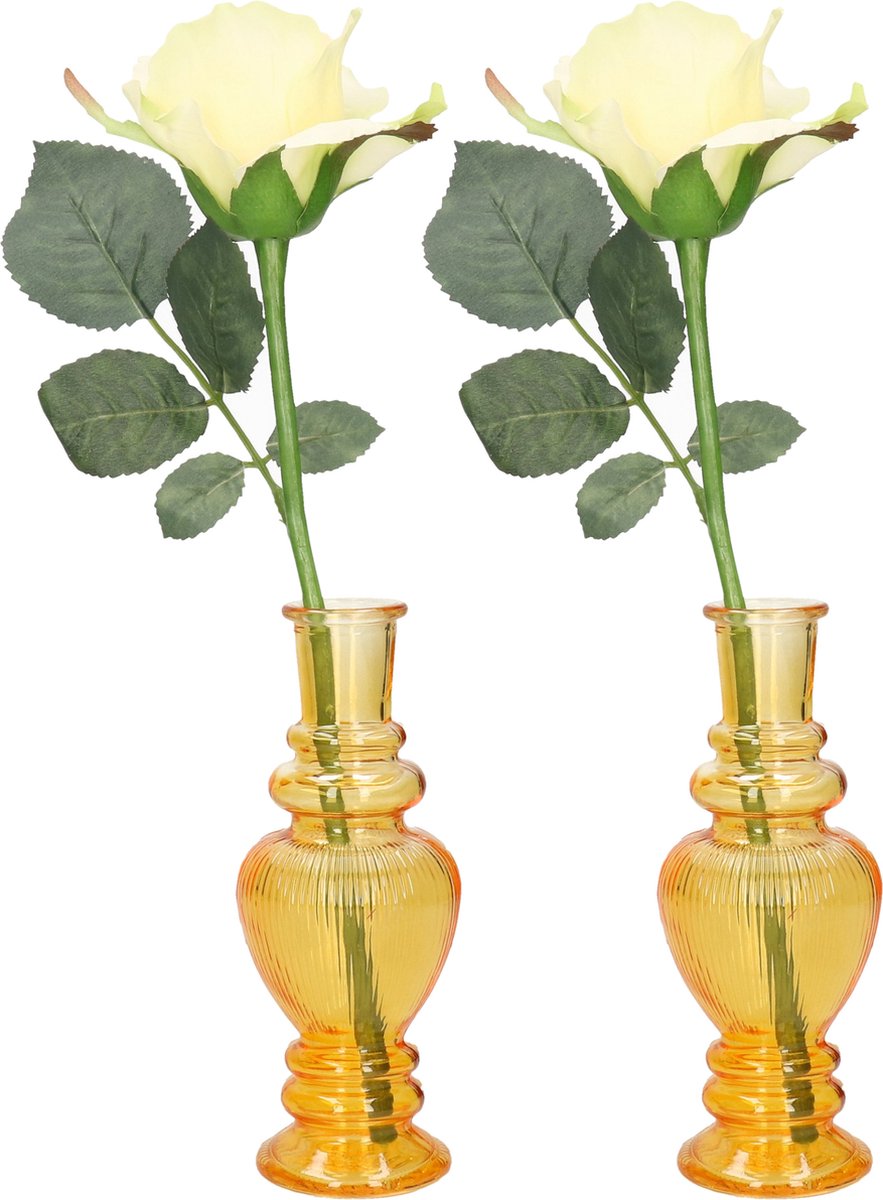 Ideas 4 Seasons Bloemenvaas Venice - 2x - voor kleine stelen/boeketten - gekleurd sierglas - ribbel okergeel - D5.7 x H15 cm
