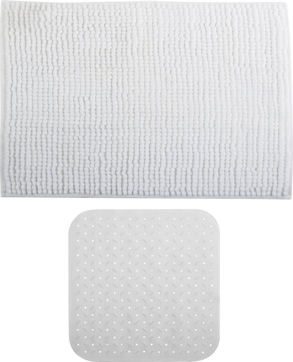 MSV Douche anti-slip mat en droogloop mat - Sevilla badkamer set - rubber/microvezel - wit