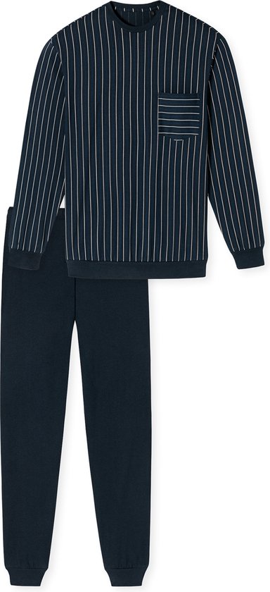SCHIESSER Comfort Nightwear pyjamaset - heren pyjama lang biologisch katoen boorden gestreept nachtblauw - Maat: 5XL