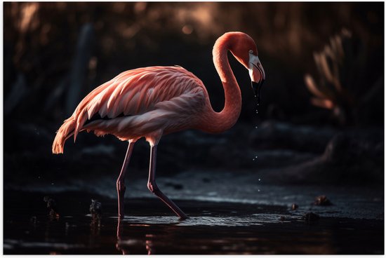 Poster Glanzend – Flamingo - Water - Kleuren - 105x70 cm Foto op Posterpapier met Glanzende Afwerking