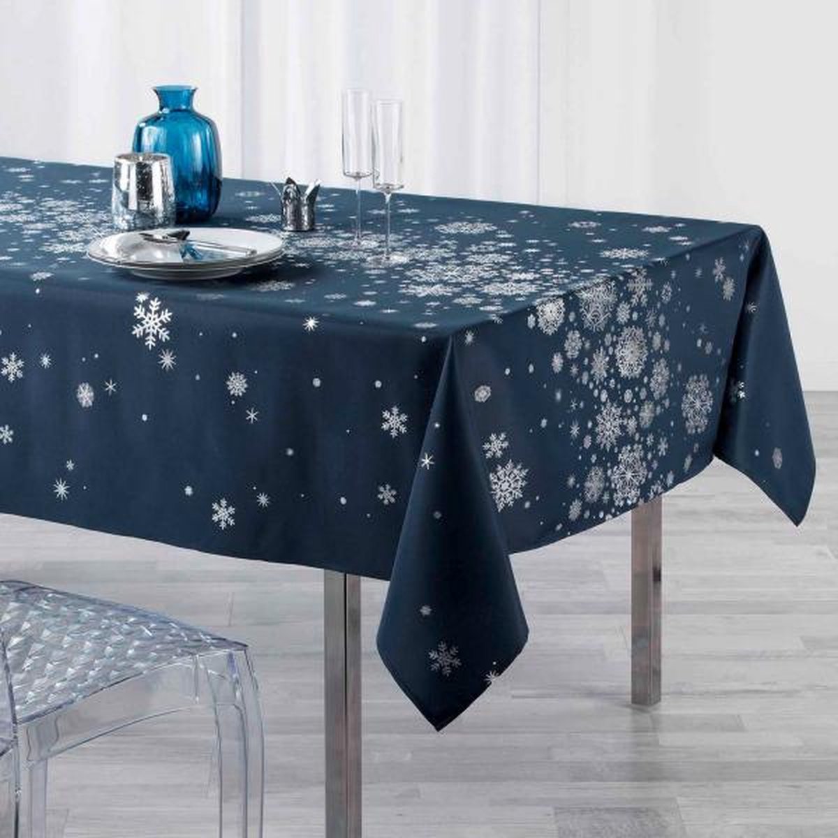 Luxe tafelkleed blauw met zilveren sneeuwster