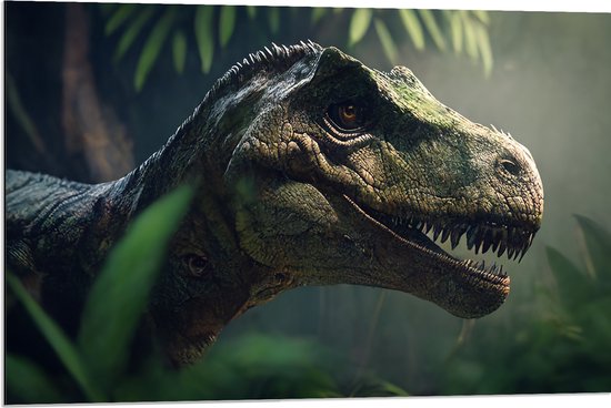 Dibond - Dinosaurus - Bos - Groen - 90x60 cm Foto op Aluminium (Met Ophangsysteem)