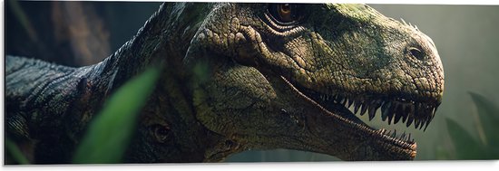 Dibond - Dinosaurus - Bos - Groen - 90x30 cm Foto op Aluminium (Wanddecoratie van metaal)