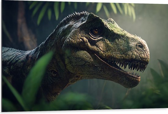 Dibond - Dinosaurus - Bos - Groen - 105x70 cm Foto op Aluminium (Wanddecoratie van metaal)
