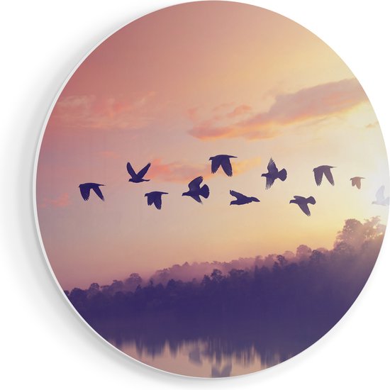 Artaza Muurcirkel - Silhouet Vogels Tijdens Zonsondergang - Wandcirkel - Rond Schilderij