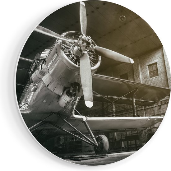 Artaza Forex Muurcirkel Oud Vliegtuig In Een Hangar - Zwart Wit - 40x40 cm - Klein - Wandcirkel - Rond Schilderij - Wanddecoratie Cirkel