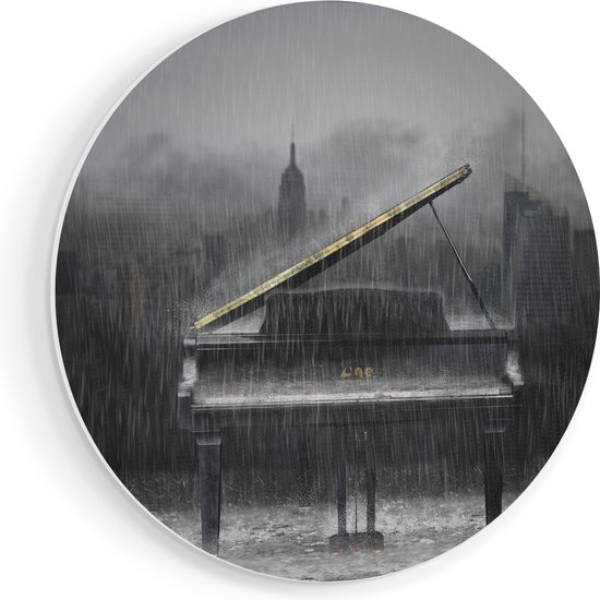Artaza Forex Muurcirkel Piano in de Regen voor een Stad - 40x40 cm - Klein - Wandcirkel - Rond Schilderij - Wanddecoratie Cirkel