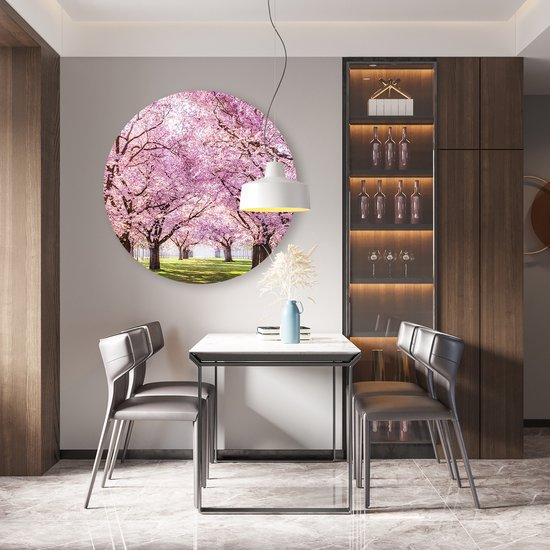 Artaza Forex Cercle mural Parc d'arbres en fleurs roses - Fleurs - 90x90 cm - Groot - Cercle mural - Peinture ronde - Cercle de Décoration murale