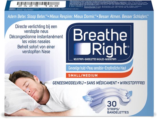 Breathe Right Anti Snurk Neusstrips - Neusspreider - Anti Snurk Neuspleisters - Gevoelige Huid - Small/Medium 30 stuks - Transparant - Goede Nachtrust - Huidvriendelijk - Ideaal bij Verkoudheid en Allergieën - Breathe Right