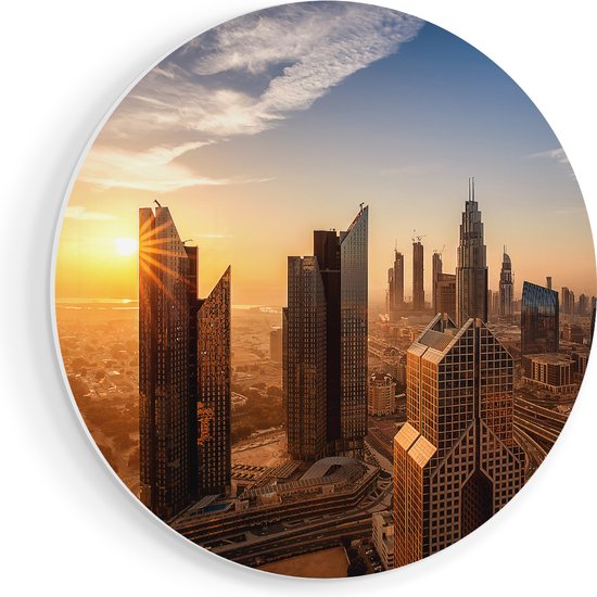 Artaza Forex Muurcirkel Dubai Stad bij Zonsopgang - 90x90 cm - Groot - Wandcirkel - Rond Schilderij - Muurdecoratie Cirkel