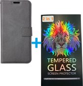 Portemonnee BookCase Hoesje + 2 Pack Screenprotector Glas Geschikt voor: Samsung Galaxy S21 FE - grijs