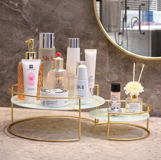 Moongoods Cosmetica / parfum / make-up Organizer met wit marmer-look glazen blad en goudkleurig stalen frame - Set van 2