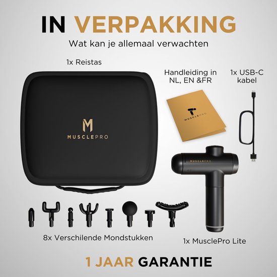 Zwarte MusclePro massage gun, koffer, 8 opzetstukken, USB-C kabel en handleiding. Tekst: In verpakking, 1 jaar garantie.