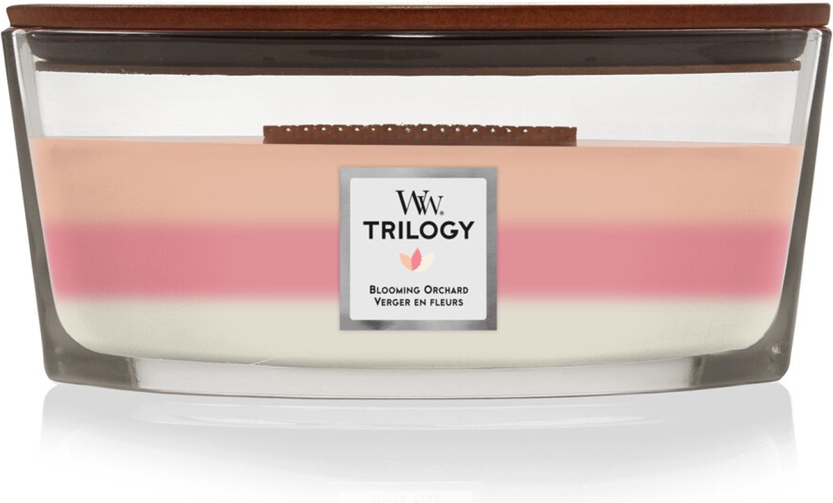 WoodWick Heartwick Flame Trilogy Ellipse Geurkaars - Blooming Orchard - 50 branduren Oranje, Roze, Wit