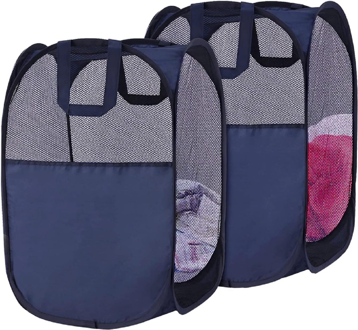 Goedkoopste Set van 2 opvouwbare wasmanden, 36 x 36 x 56 cm, wasmand, opvouwbare wasmand met handvat, opbergmand van gaas voor kinderkamer, universiteit, slaapzaal, kamperen en reizen (marineblauw
