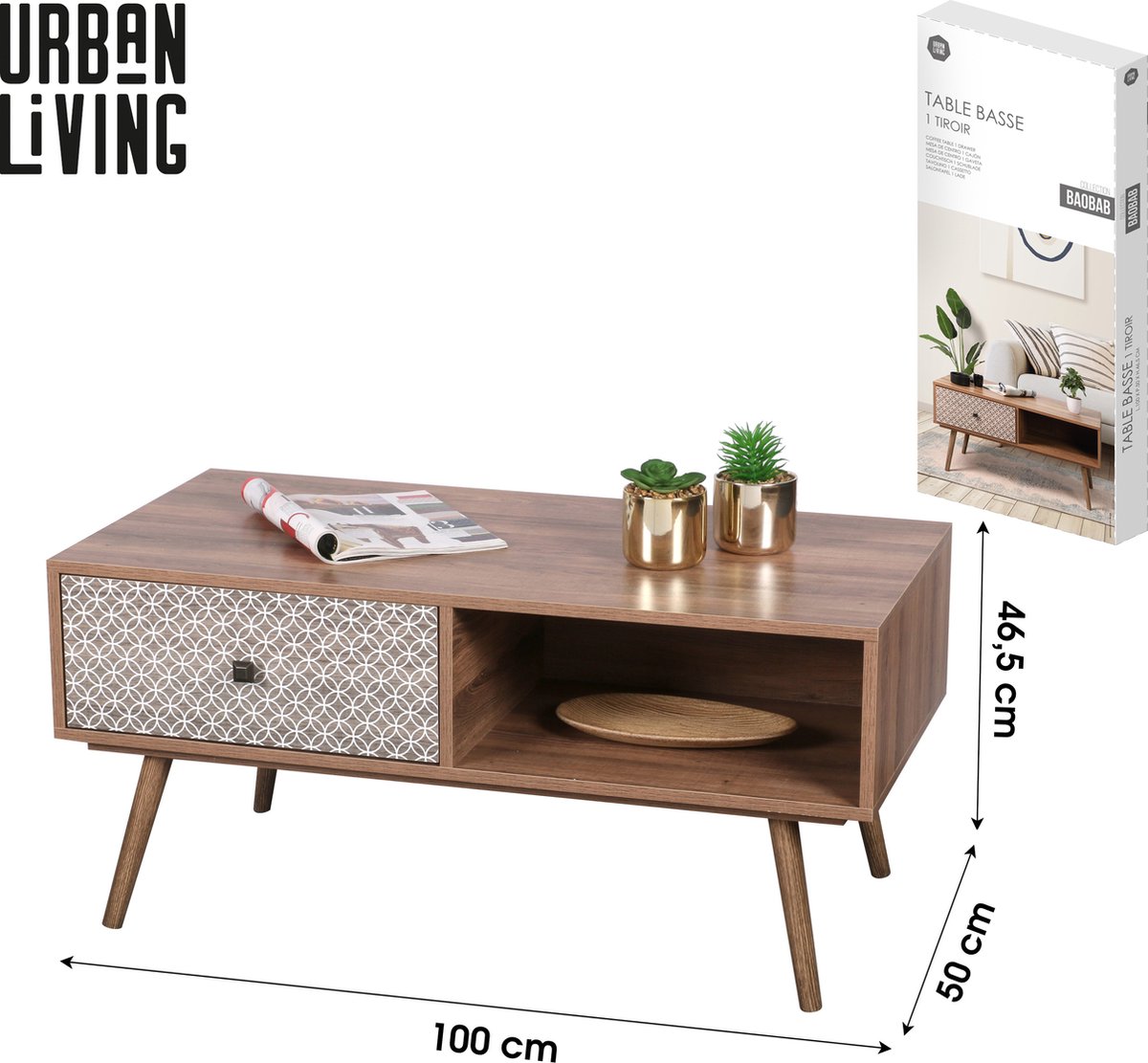 Urban Living SALONTAFEL 1 LADE 100X50XH46,5CM BROWN