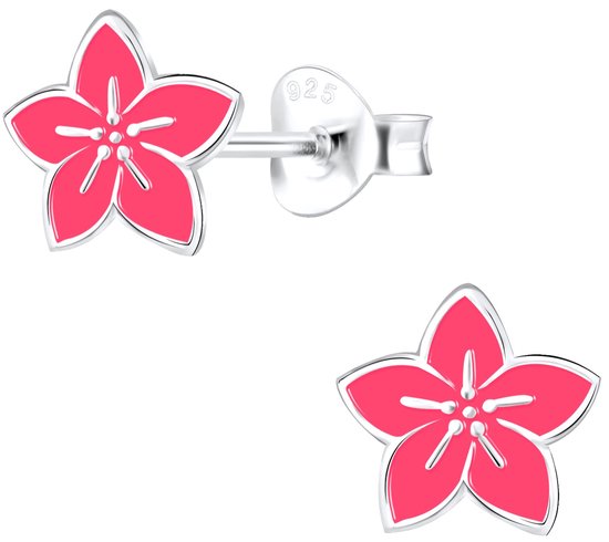 Joy|S - Zilveren bloem oorbellen - roze - 8 mm -  tropische bloem