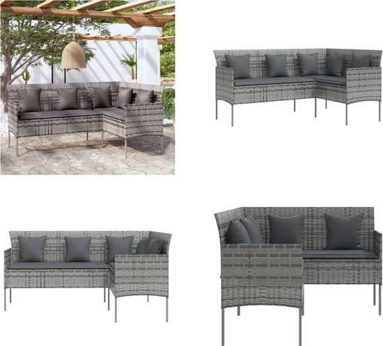 vidaXL Loungebank met kussens L-vormig poly rattan grijs - Loungebank - Loungebanken - Buitenbank - Tuinbank