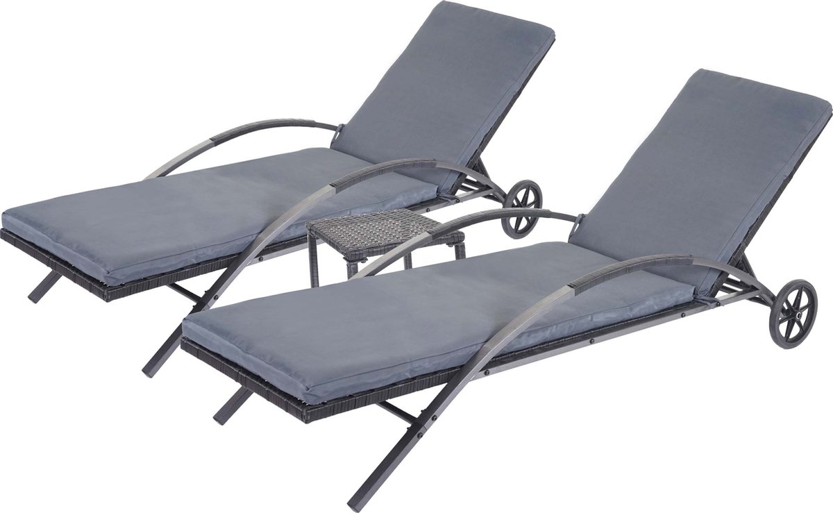 Set van 2 ligstoelen MCW-E27, tuinligstoel, poly rotan ~ zwarte kussens donkergrijs