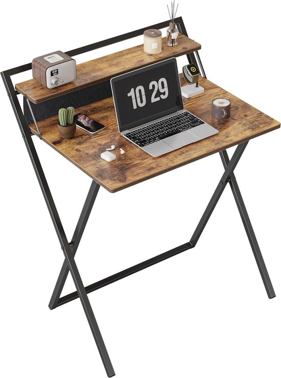 Klein inklapbaar bureau, 60 cm opvouwbare computertafel met plank en opbergtas, geen montage nodig, thuiskantoor, kleine werktafel, bruin