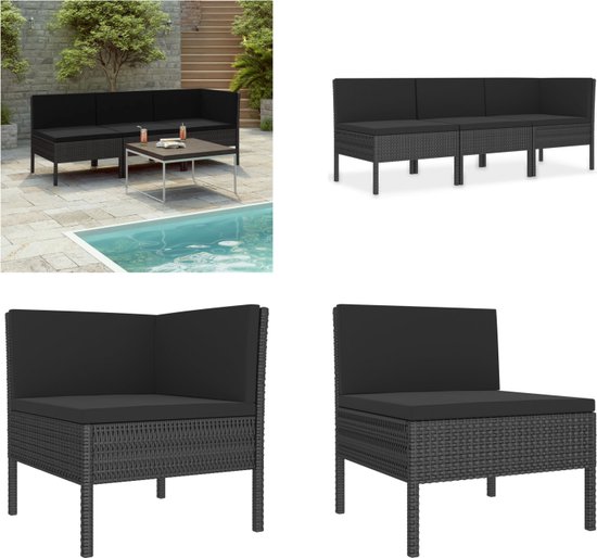 vidaXL - Loungeset - Zwart - Poly rattan - 3 stuks - Met kussens | Leen Bakker