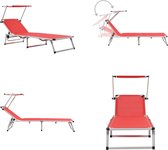 vidaXL Ligbed inklapbaar met dak aluminium en textileen rood - Zonnebed - Zonnebedden - Ligstoel - Ligstoelen