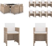 vidaXL-9-delige-Tuinset-met-kussens-poly-rattan-beige - Eethoek Voor Buiten - Eethoeken Voor Buiten - Tuintafel En Stoel - Tuintafels En Stoelen