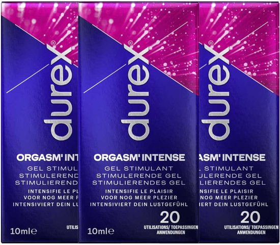 Drie verpakkingen Durex Orgasm Intense stimulerende gel, elk 10ml met 20 toepassingen.