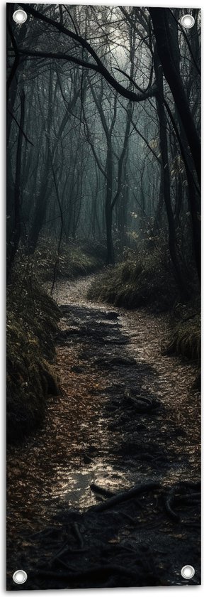 Tuinposter – Bos - Bomen - Pad - Donker - Bladeren - 30x90 cm Foto op Tuinposter (wanddecoratie voor buiten en binnen)