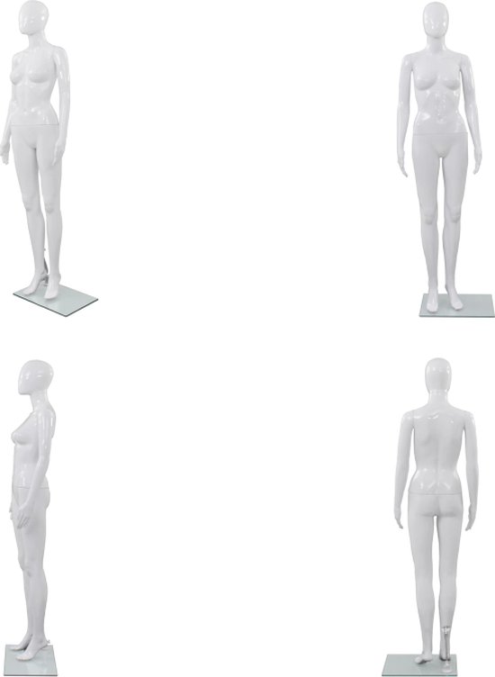 vidaXL Etalagepop vrouwelijk met glazen voet 175 cm glanzend wit - Mannequin - Mannequins - Paspop - Paspoppen