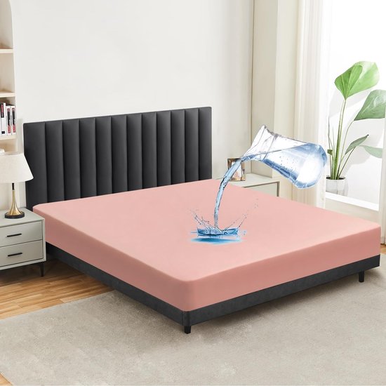 Waterdichte matrasbeschermer, 200 x 200 cm, ademende matrasbeschermer, beddengoed, hoogwaardige hoeslakens, incontinentie-onderlegger, wasbaar op 60 graden, roze