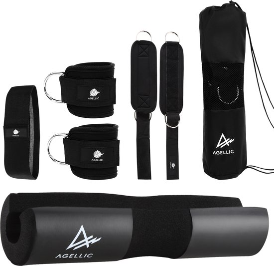 Agellic Barbell Pad – Nekbeschermer Voor Halterstang – Hip Thrust Pad - Enkelband Fitness - Resistance Band – Draagtas - Zwart - Ankle Strap