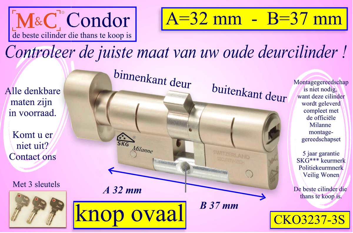 M&C Condor cilinderslot met Knop Ovaal met PUSH functie 37x67 mm - SKG*** - Politiekeurmerk Veilig Wonen