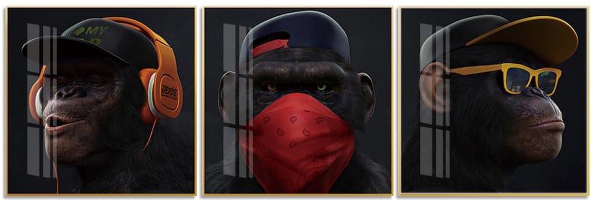 Swagg Monkey Trio Crystal Porcelain schilderij met frame. Afmeting 40x40
