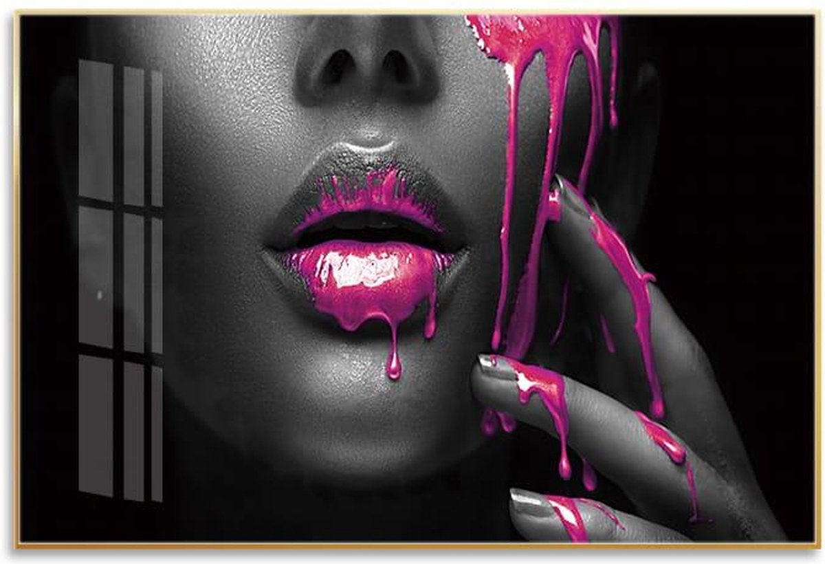 Pink Lips Crystal Porcelain schilderij met frame. Afmeting 40x60
