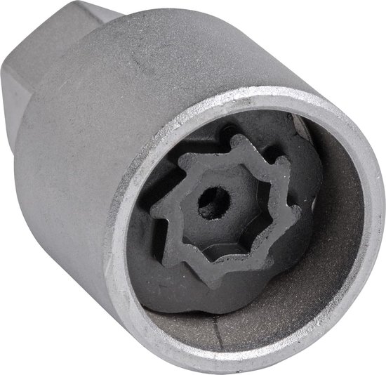 Un adaptateur métallique pour démonter un antivol de roue avec un insert en forme d'étoile. L'adaptateur est le VW Adapter 524.