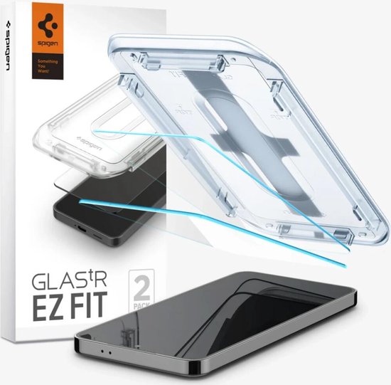 Une boîte de protecteurs d'écran Spigen Glas.tr EZ Fit pour smartphone, avec un kit d'installation et un téléphone mis en avant.