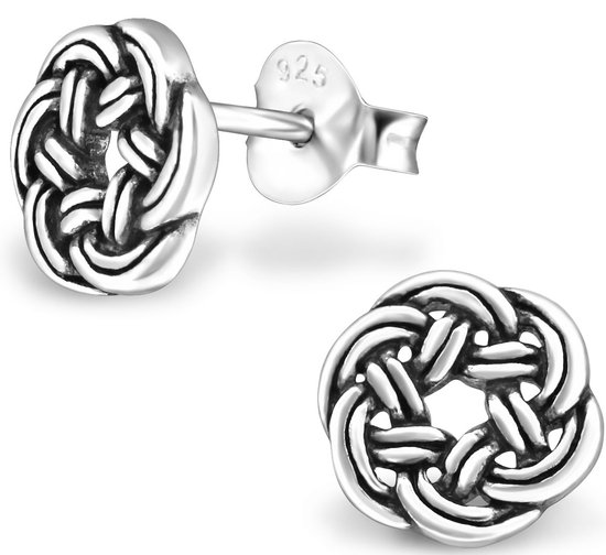 Joy|S - Zilveren Keltische oorbellen - rond gevlochten knoop - 8 mm - geoxideerd