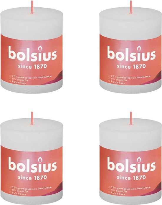 4 bougies piliers rustiques Bolsius blanches 68 (35 heures) Eco Shine Cloudy White
