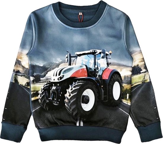Kinder sweater, trui, met tractor print, blauw, maat 122/128, trekker, kind, ZEER MOOI!