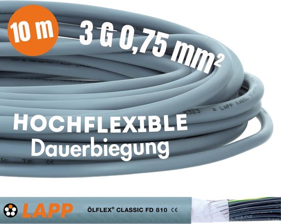 10 mètres Lapp 0026120 ÖLFLEX CLASSIC FD 810 câble de commande 3x0,75 mm² gris avec conducteur de terre vert-jaune I câble de chaîne porte-câbles très flexible Câble PVC pour chaîne porte-câbles 3G0,75 I câble de commande 3 fils