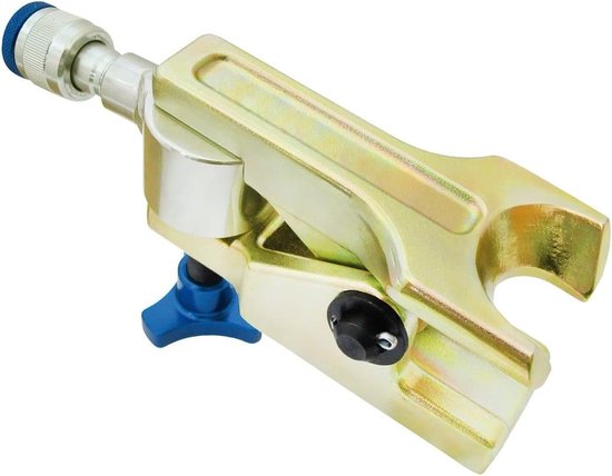 Kogelgewrichttrekker van metaal in goudkleur met blauwe en zwarte accenten en een schroefmechanisme.