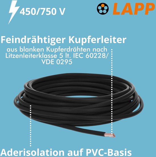 Kalitec 2 meter H07V-K 16 mm² zwarte bedradingskabel, flexibele aderkabel, strengen 16 mm², bedrading fijndradig, enkele kabel, meterkast, kabel eendraads voor schakelkast