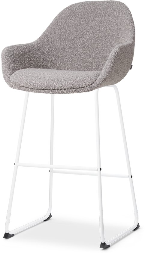 Nolon Nino-Mae Barkruk Bouclé Taupe - Wit Onderstel - 75 cm - Hoge Kruk - Barkruk met Rugleuning - Design - Scandinavisch - Comfortabel