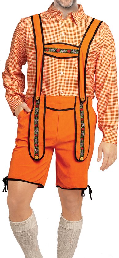 Voordelige Korte Oranje Lederhosen Man + Blouse Set voor bij EK WK Koningsdag Verkleedkleren Volwassenen Oranje Verkleedkleding Oktoberfest Heren Oktoberfest Heren Carnavalskleding Heren Verkleedkleren Volwassenen - Polyester - Maat M