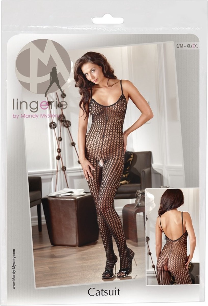 Mandy Mystery Lingerie –  Catsuit met Mesh Ontwerp en Open Kruis voor Erotische Toepassingen – Maat S/M – Zwart