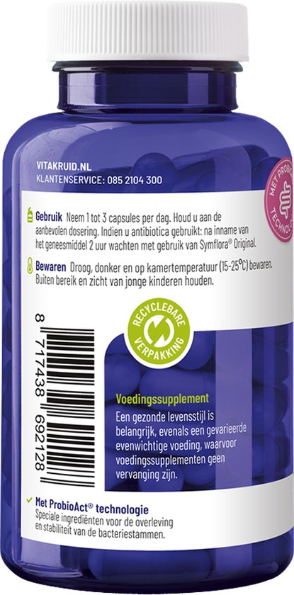 Achterkant van een donkerblauwe pot met 90 vega capsules. Met informatie over gebruik, bewaren en recyclebare verpakking.