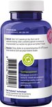 Achterkant van een donkerblauwe pot met 90 vega capsules. Met informatie over gebruik, bewaren en recyclebare verpakking.