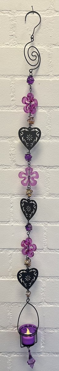 Deco theelichthouder "bloem + harten" met metalen ketting - zwarte ketting & paarse & beige glazen stenen - lengte 115 cm - exclusief theelicht - Woondecoratie - Theelichthouder - Woonaccessoires