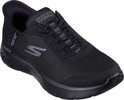 Zwarte Skechers Go Walk Flex instapper met mesh bovenwerk en een grijs Skechers logo op de zijkant.